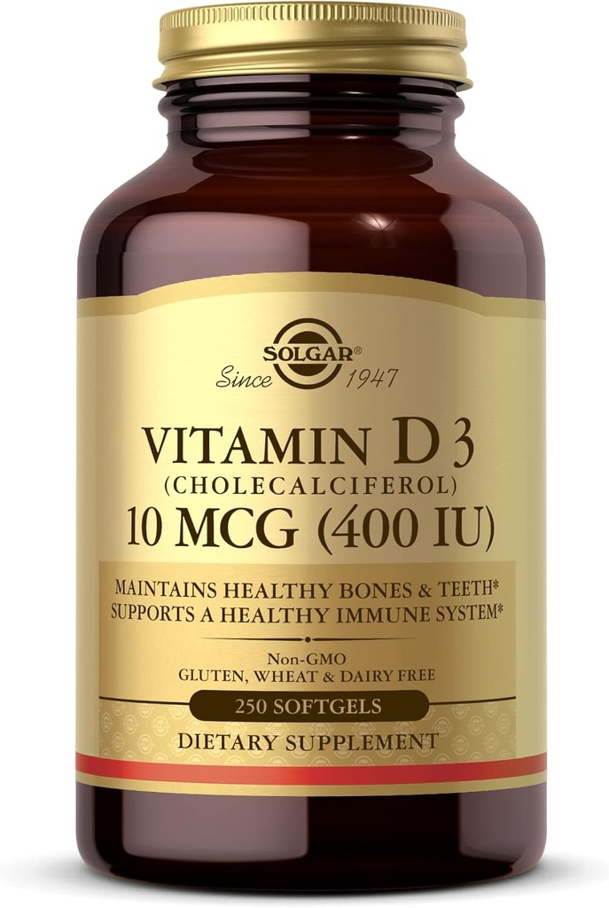 Solgar Vitamin D3 (Cholekalciferol) 10 MCG (400 i.e.), 250 Softgels - pomaga ohranjati zdrave kosti in zobe - Podpora imunskega sistema - Non-GMO, Gluten Free, Dairy Free - 250 Servings