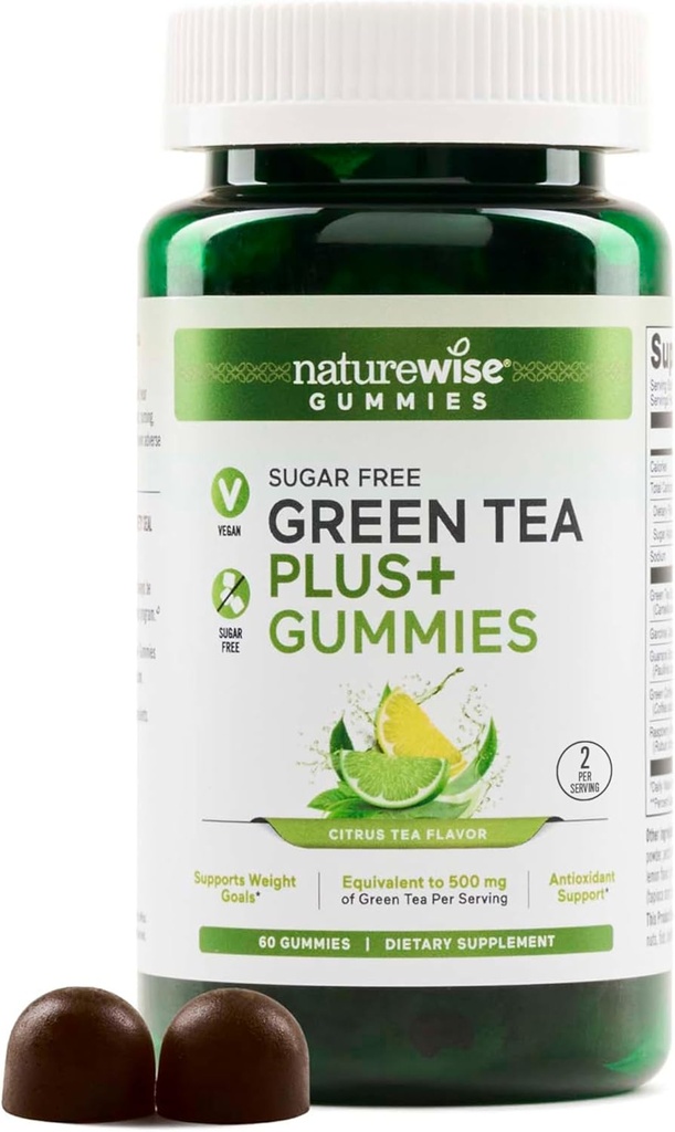 NatureWise Green Tea Gummies - Keto, Sugar Free - Podpira cilje ustreznosti za ženske in moške - 500mg Zeleni čaj + Malina Ketones, Garcinia Cambogia - Vegan, No Gluten - 60 Count[1-mesečna zaloga]