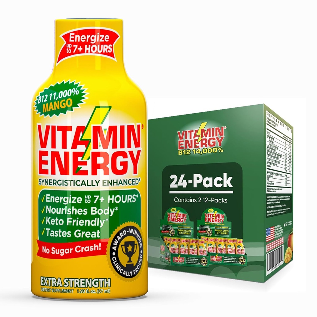 Vitamin Energija B12 11.000% Dodatna moč Energija Shot Mango 24 Pack, 260mg Naravni kofein, B12 & B6, Nootropni fokus, Vitalnost, Zero Sugar, Gluten-free, Vegan, Košir, 1,93 fl oz