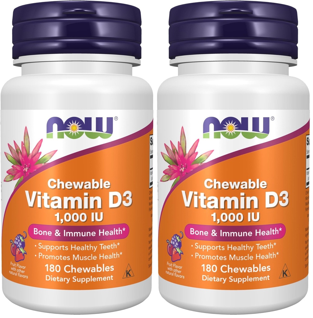 NOW dopolnila, vitamin D-3 1.000 i.e., aroma naravnega sadja, strukturna podpora*, 180 žvečljivi (paket z 2)