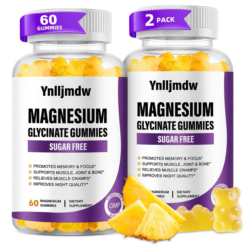 (2 paket) Magnezij Glycinate Gumies 500mg, Visoka absorpcija Magnezij dodatek s kalcij in vitamini, Podpora kosti, mišice, noč, Spomin & Mood, Vegan, Ne-GMO, 60 števci, Ananas aroma