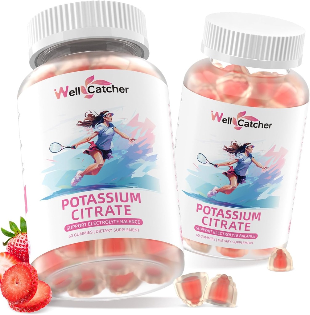 Kalijev citrat Gumiji za odrasle moške ženske - Visokokalijev dodatek 500 MG podpora brez sladkorja Elektrolitsko ravnovesje Leg Cramps Vegan ne-GMO organska jagoda aroma 2 paketi