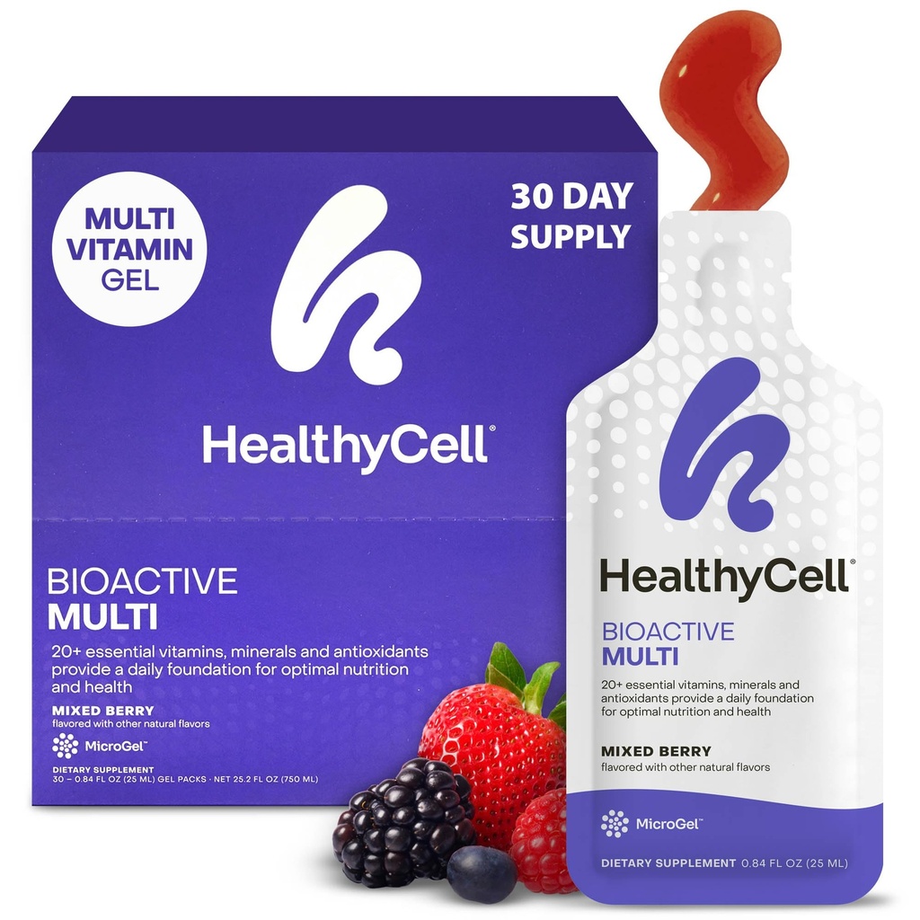 Healthycell Bioactive Daily Liquid Multivitamin za moške in ženske – 20+ Esencialni vitamini, Minerali in antioksidanti za možgane, srce, imuniteto, energijo, podporo kože in las - 30 Gel paketi