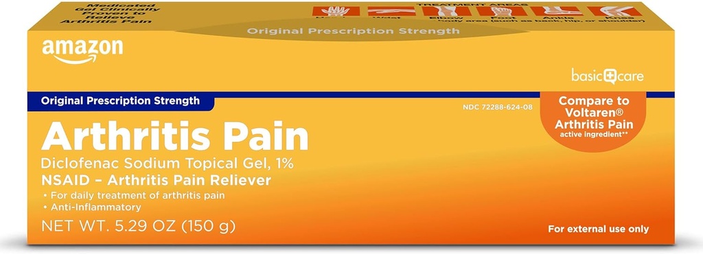 Basic Care Artritis Pain Relading Gel, Diklofenac Natrijev Topical Gel, 1% (NSAID), 5,29 Oz (150 Grams) (Packaging se lahko razlikuje)