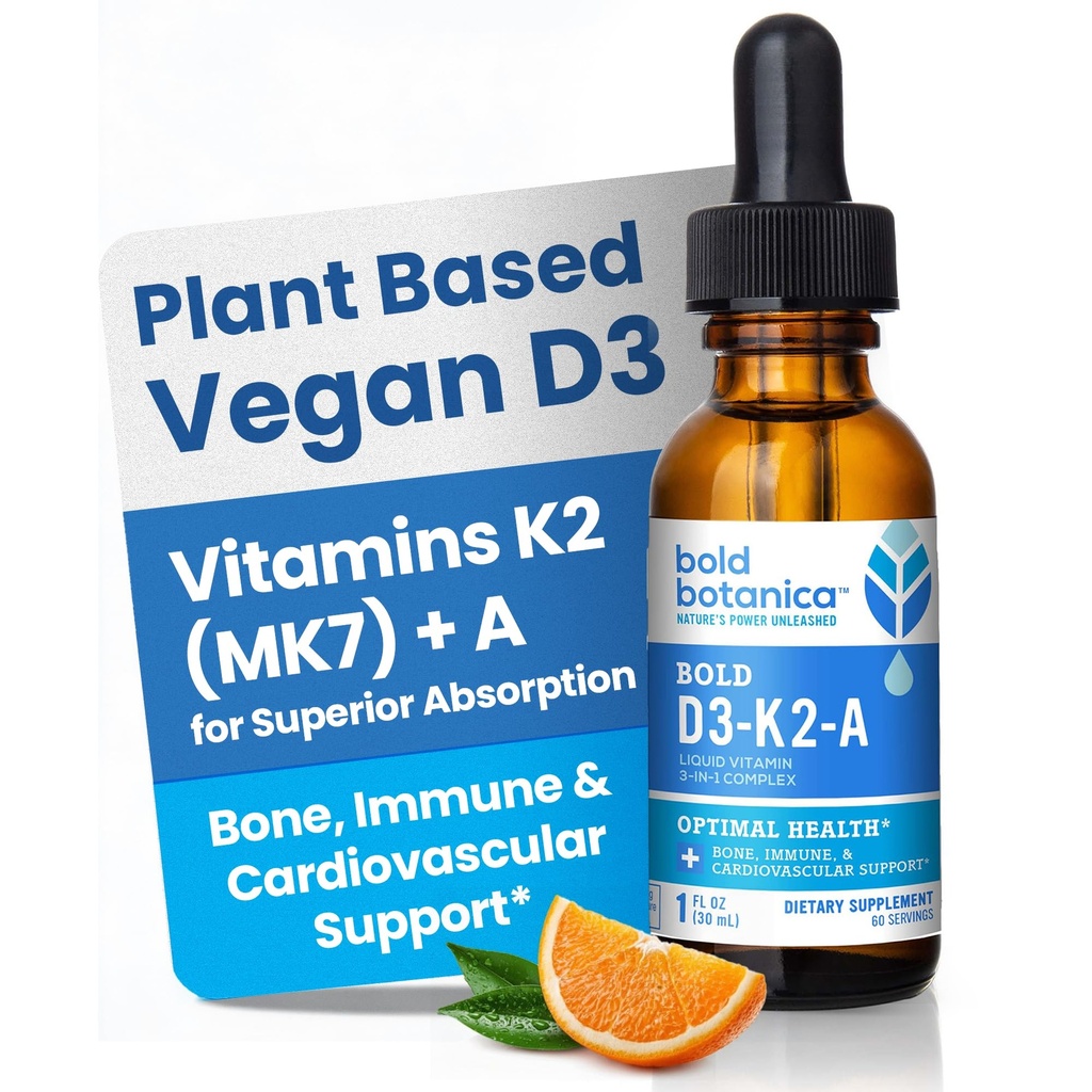 Bold Botanica D3-K2-A, Tekoči vitamin kompleks, Vegan D3 iz organskih alg z vitaminom K2 (MK7) in A za imuno podporo, naravno pomarančno aromo, Okusi okusno, 1 FL OZ. (30ml)