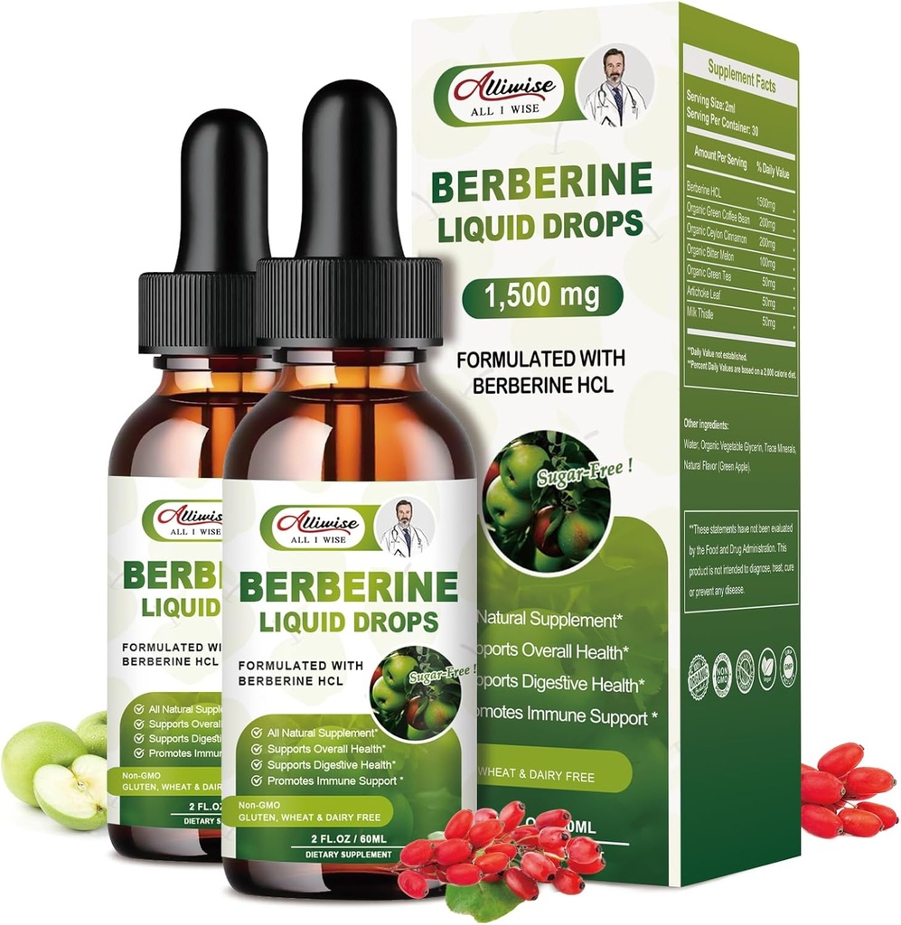 2 Pakiranje Berberine dodatek tekoče kapljice za imunski sistem in prebavni sistem podpira - Premium Berberine HCL 1500mg s Pure Ceylon Cinamon -4 Fl Oz