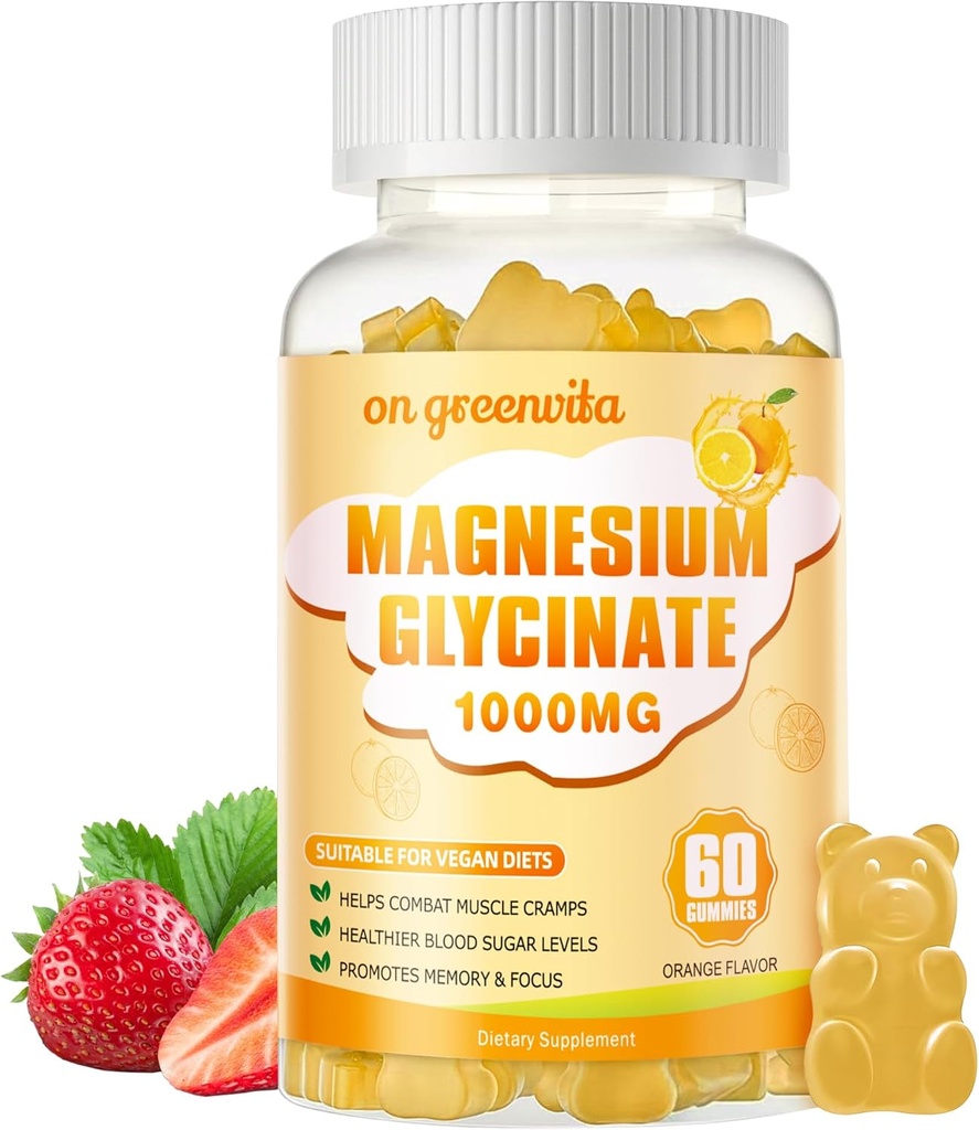 Magnezij Glycinate Gumies 1000mg - Brez sladkorja Magnezij Kalij dodatek z vitaminom D, B6, CoQ10 za mirno Mood in podporo za spanje - 60 Orange Gumies