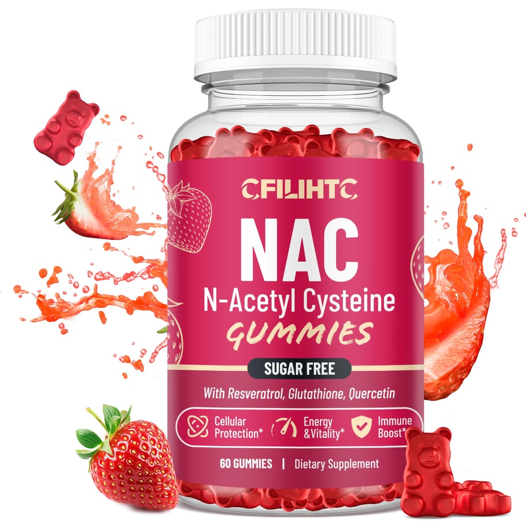 CFILIHTC NAC Gumies 600mg, N Acetil Cistein dopolnilo z glutationom, Resveratrol, Magnezij, CoQ10, NAC žvečljivi za antioksidate in imuno podporo, Jagodna aroma 60 Gumies