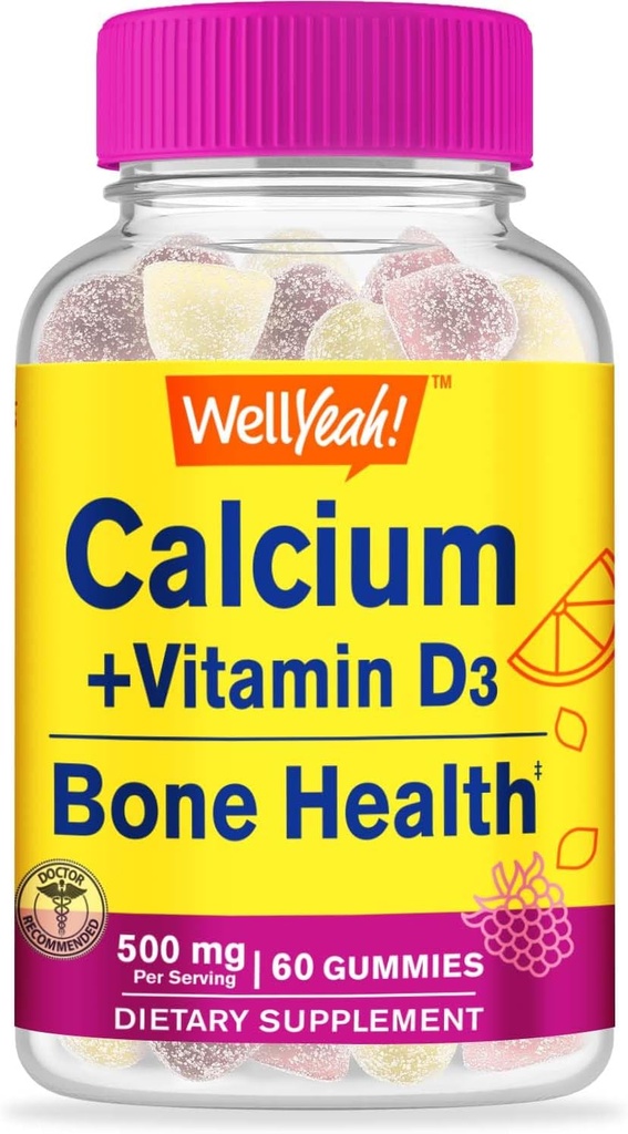 No ja ja kalcij 500mg + vitamin D3 1000 i.e. (25 μg) Gumiji - zdravje kosti in mišice Supprt, Imunska podpora Gummy, Non GSO, Gluten brez, Zmešajte sadne arome - 60 Gumies