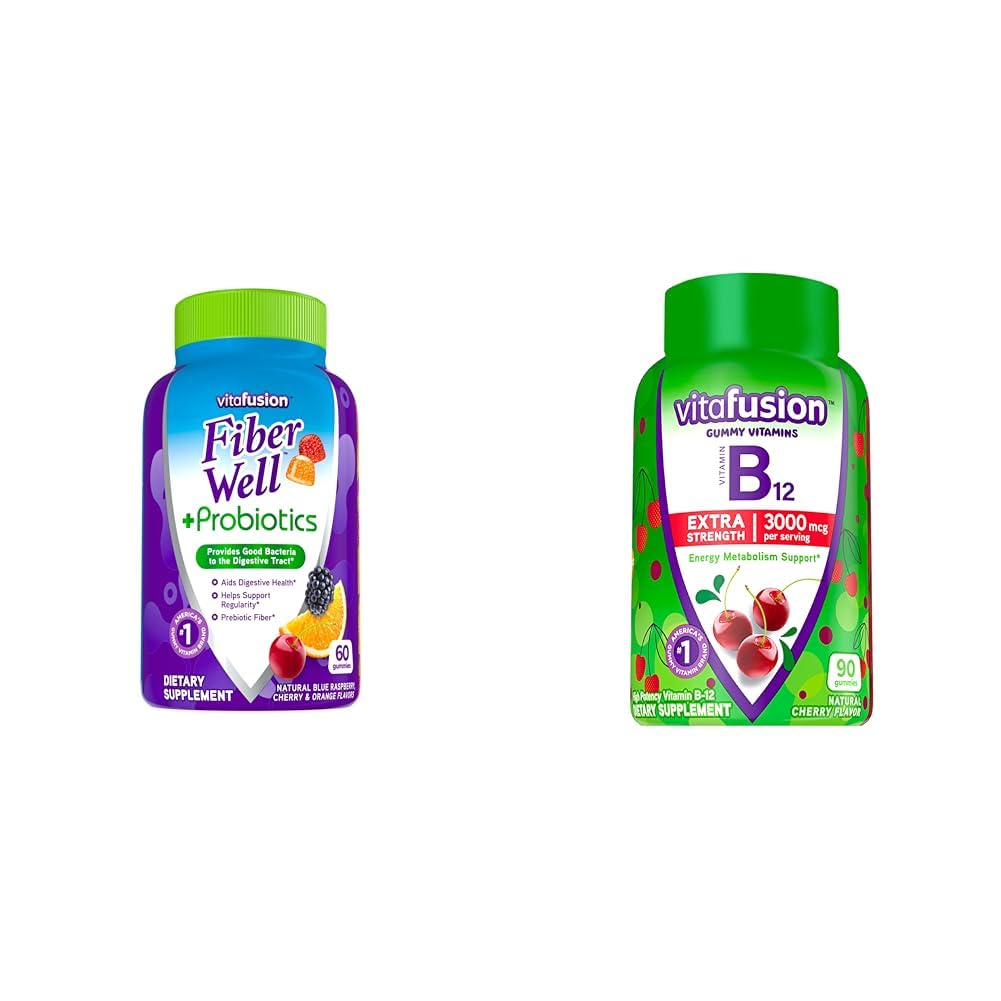 Vitafusion Fiber Well + Probiotiki Gumiji za odrasle 60 Število ekstra moč Vitamin B12 Gummy Vitamini za energijo Presnova Podpora 90 Število