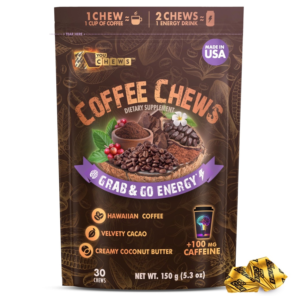 YouChews Coffee Chews - Grab & Go Energy s 100mg na Chew čistega, zelene kofeina. S pravimi ekološkimi sestavinami, Nizki sladkor, Great Bold Okus in dolgotrajna energija Boost (30 Chews Pack)
