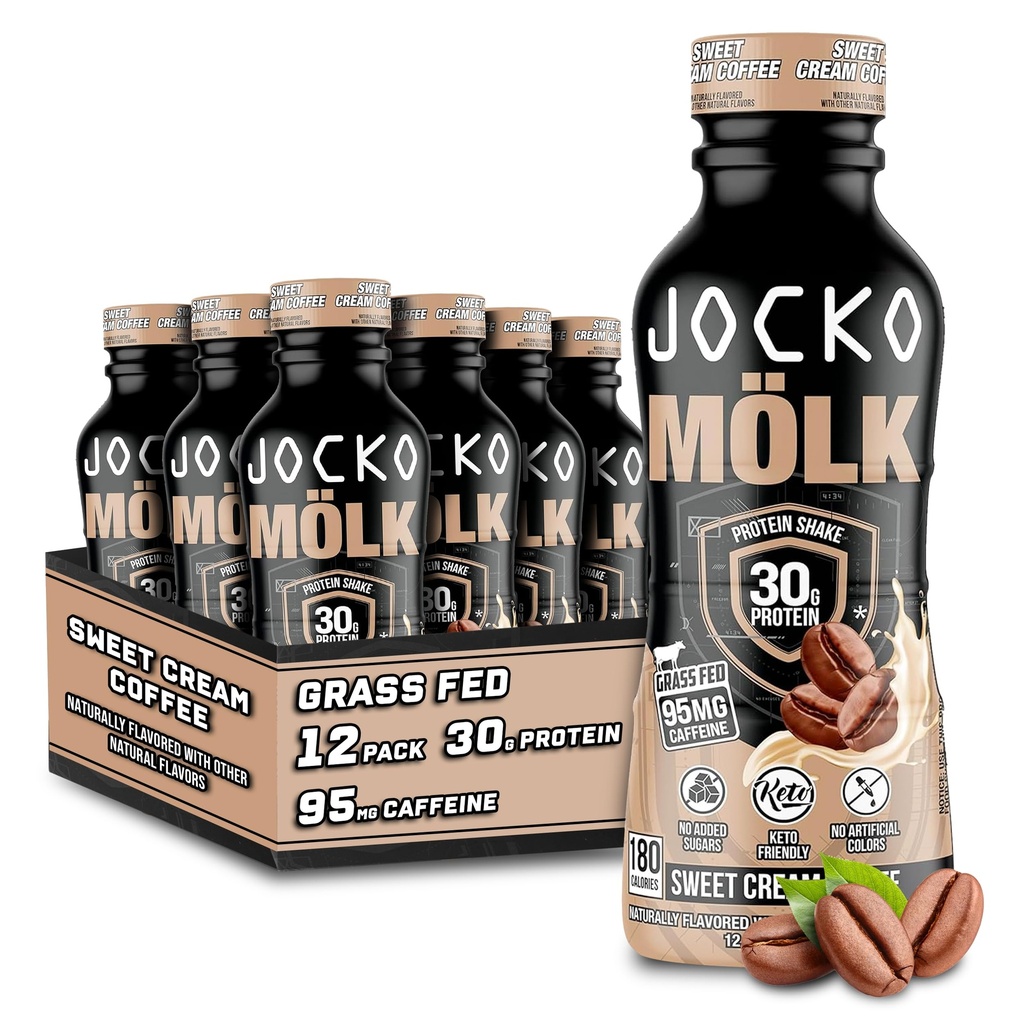Jocko Fuel Mölk 30g Grass Fed Protein Shake - brez dodanih sladkornih beljakovin pijače KETO prijazno - Pripravljen za pitje 12 FL Oz (Pack of 12) Sladka kremna kava