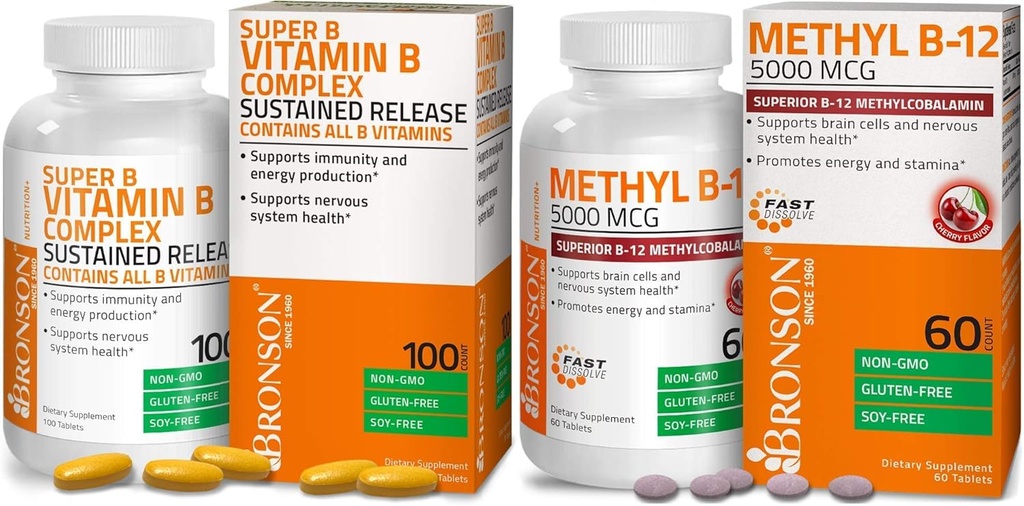 Bronson Metil B12 5000 mcg Vitamin B12 Metilkobalamin Lozenges + Super B Vitamin B Complex Trajen počasen izpust