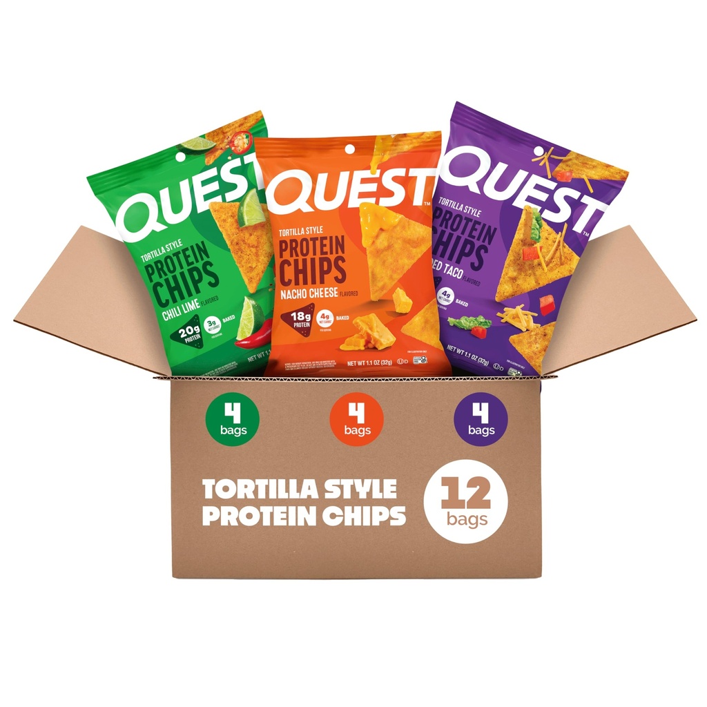 Quest Nutrition Tortilla Style Protein Chips Variety Pack, Chili Lime, Nacho Sir, Naložen Taco, Low Carb, High Protein, Gluten Free, 1.1 oz (Pack of 12)