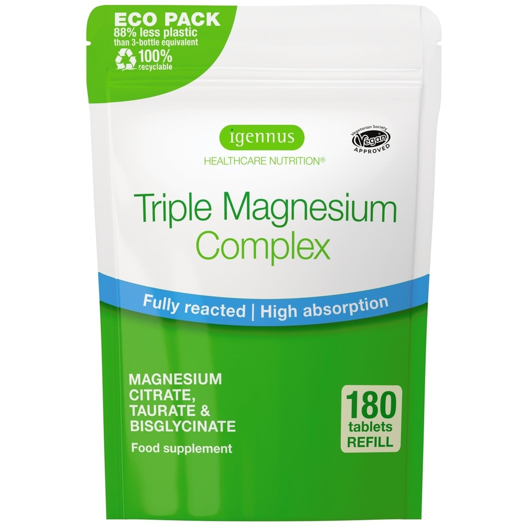 Igennus Superior Triple Magnezijev kompleks, popolnoma reaktiven in kelirani glicinat, taurat in citrat, čista nalepka, visoka biološka razpoložljivost in absorpcija, 180 tablet, vegan, ne- buffered