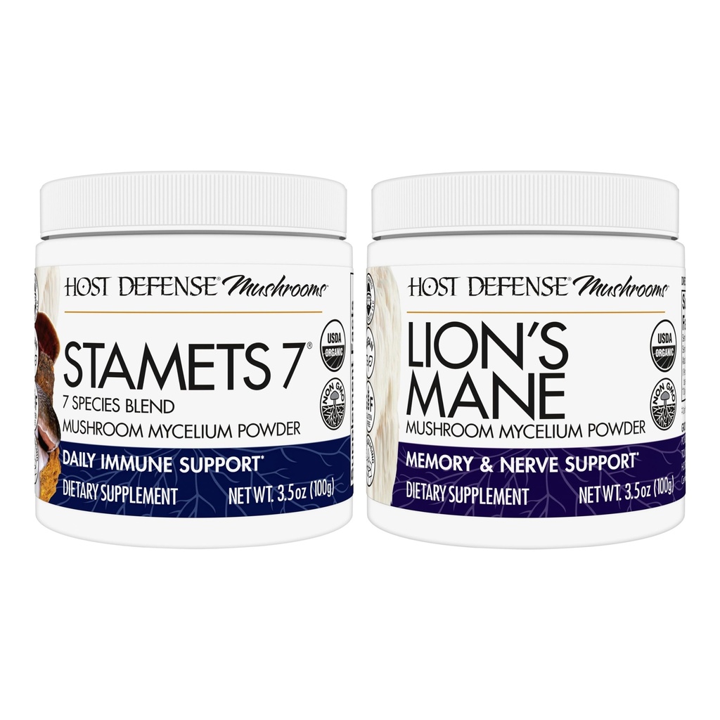 Gostitelj Obrambni paket s Stamets 7 gob powder, 3.5 oz & Lion's Mane Powder, 3.5 oz - Podpora Imunsko zdravje s 7 Vrste Mešanica - Podpora zdravje možganov, Spomin in fokus*
