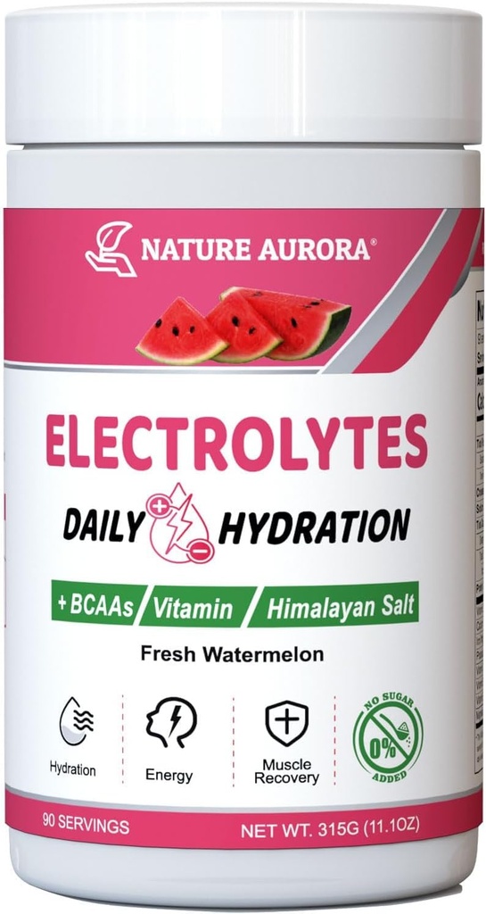 Elektroliti v prahu brez sladkorja, sveže lubenice v prahu, hidracijski prah, obogaten s himalajsko soljo, BCAA in B-vitamini, brez kalorij, brez sladkorja, pijača brez keto elektrolitov - 90