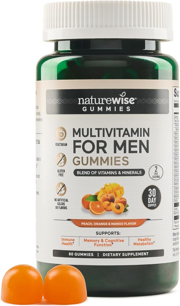 NatureWise Multivitamin za moške, Gummies Peach Mango Flavor, za imuno zdravje z minerali in vitaminom A, C, D, E, B6 in B12, vegetarijansko, sojo-free, Non-GMO, 60 Count[1-mesečna zaloga]