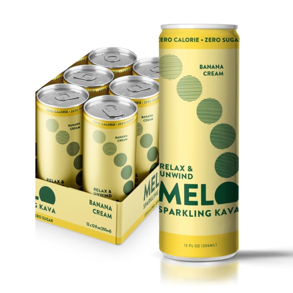 Melo Sparkling Kava Pijača, Banana krema, brez sladkorja Nealkoholne pijače z nič kalorij, Gluten Free, Vegan, 100% naravni Mocktail s 100mg Kava Koren na pijačo, 6 Pack, 12 oz Kans