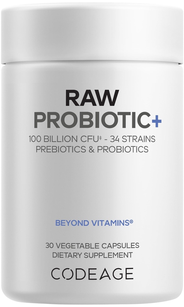 Codeage Raw Probiotic+ Supplement - 34 Probiotic sevi, 100 milijard CFU-jev, surovih celih živilskih probiotikov, digestivnih encimov, surovih sadežev in vegetarijancev Prebiotiki - Wild Kefir Culture - Non-GMO - 30 kapsul