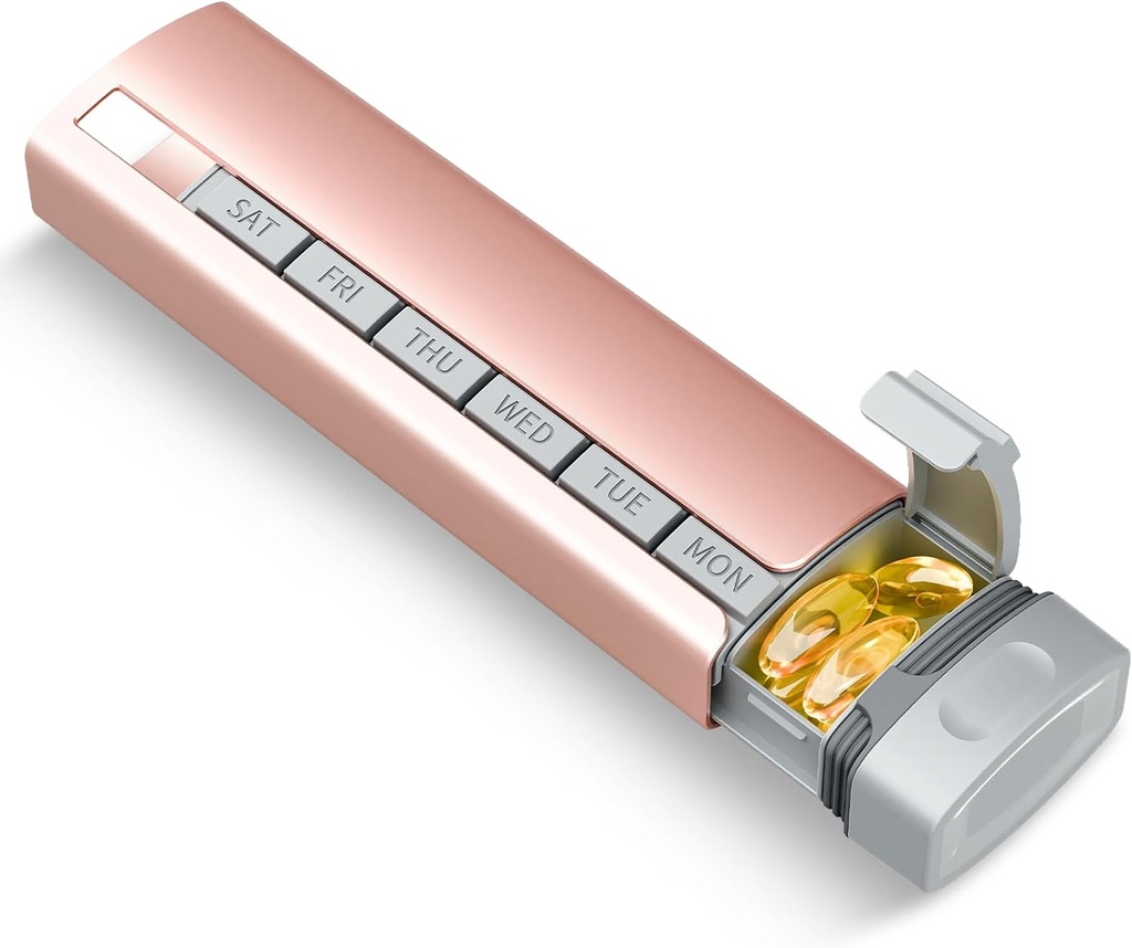 Organizator potovalne tablete tedenski, 1 Čas na dan ,upgrade Premium Aluminum Alloy Daily Pill Box 7 dan, Prenosna kovinska tableta primer, Cute tablete imetnik za zadrževanje vitaminov, zdravila, tablete, dodatki (Pink)