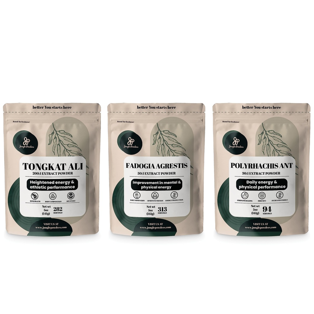 Džungle Powders Tongkat Ali za moške 282 Servings, Fadogia Agrestis Extract Powder 313 Servings, Črna mravlja 30:1 Koncentracija 94 Servings 5oz Dopolnilo Moški Zdravstvena podpora za vožnjo in strast
