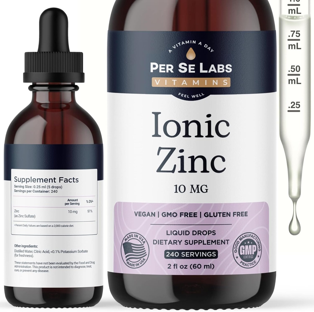 Per Se Labs Ionic Cinkov Tekoči - 10 mg Visoka absorpcija 240 Servisi Tekoči Cinkove kapljice za odrasle - Imunska podpora Nega kože Cink Dodatki - Veganov cinkov sulfat Antioksidant Prehranska dopolnila - 2 Oz