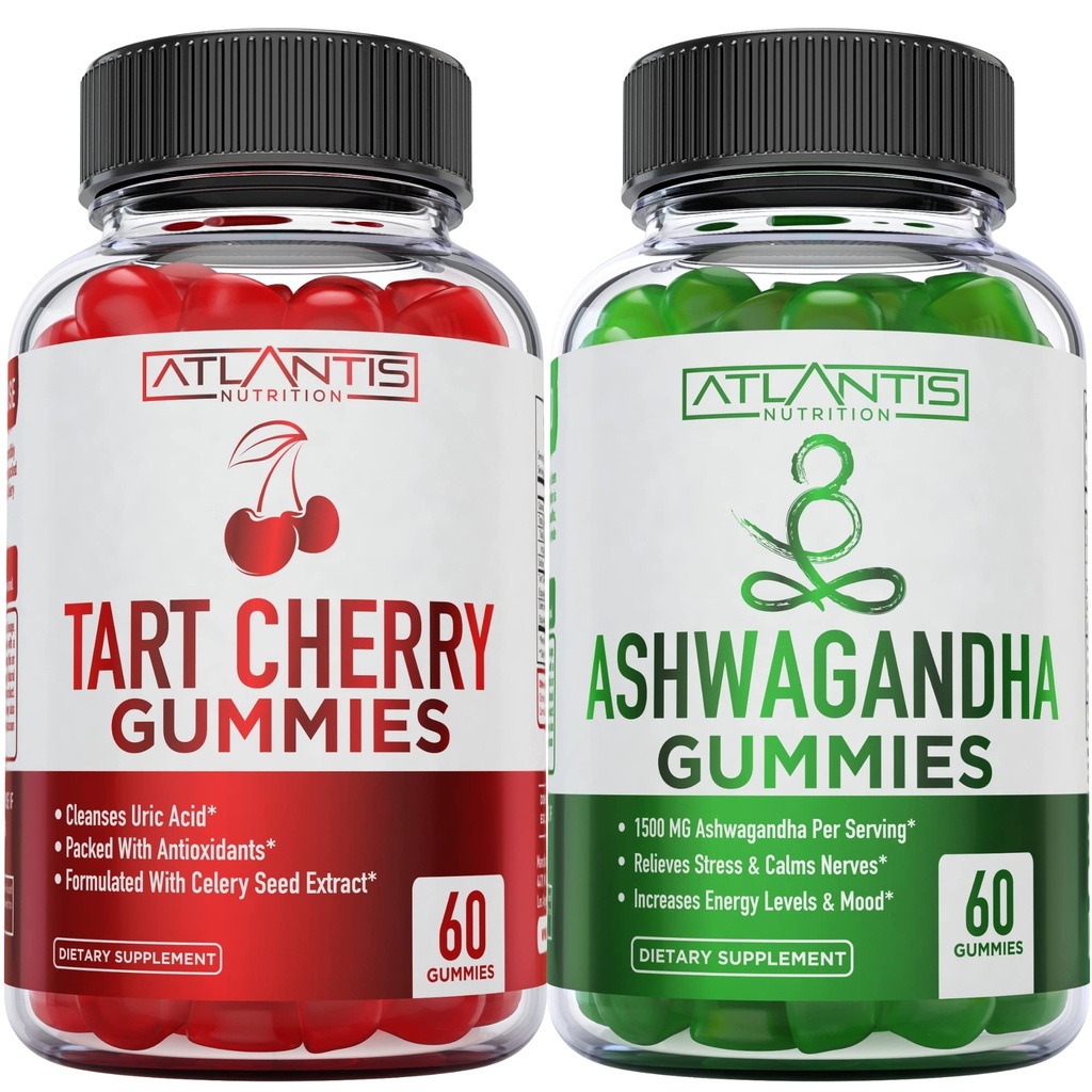 60 Ashwagandha Gummies + 60 Tart Cherry Gummies -Ashwagandha povečuje energijske ravni in krepi imunski sistem - Tart Cherry ima napredno čiščenje sečne kisline za takojšnje proti bolečina Reli