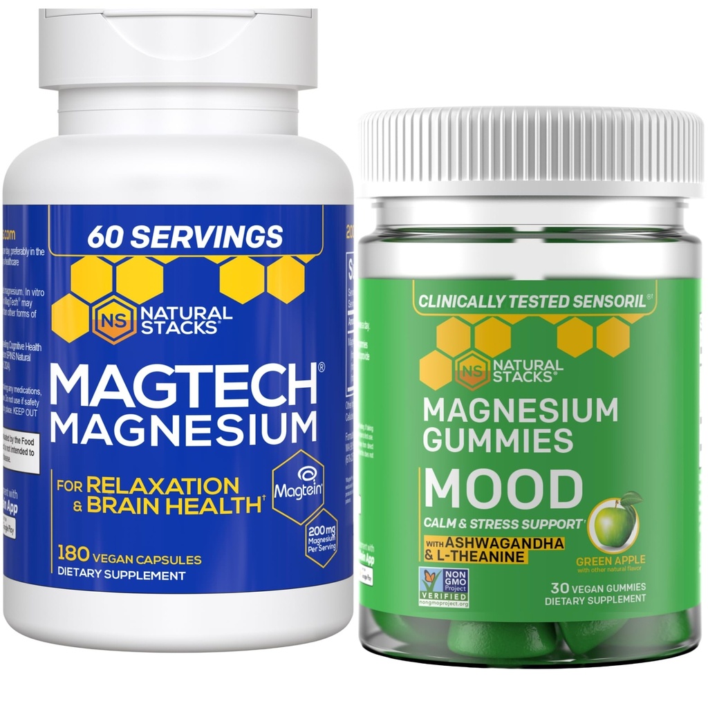 Naravni nizi Magtech Magnezij + Mood Magnezij Gumies Bundle - 4 oblike magnezija - Sprostitev, zdravje možganov in stres podpora* - 210 Skupaj kosov