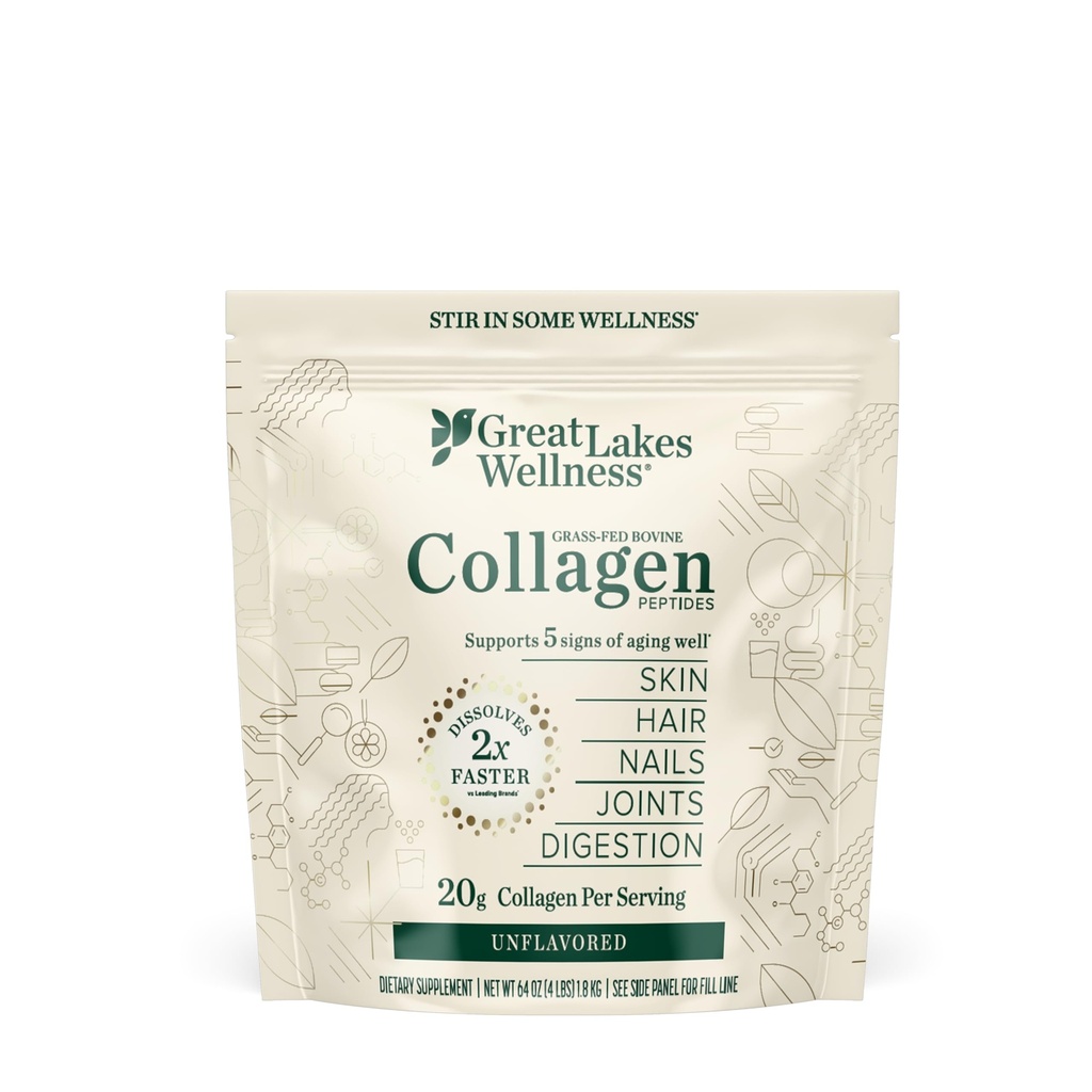 Velika jezera Wellness Kolagen Peptide Powder for Skin, Hair, Nohti, Joints & Digestion - Nearomated - Hitro raztapljanje hidroliziran, ne-GMO, Keto, Kosher - 4 lb. Vrednost Pouch