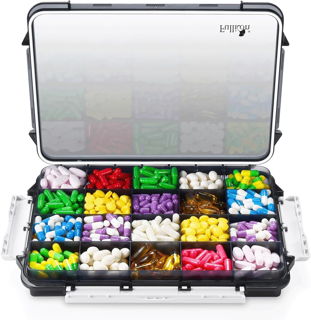 Fullicon Extra velike tablete Organizator z vlažnimi dokazi Design, Travel Jumbo tablete Box z 20 Kompartment, Dopolnilo Organizator za vitamine s 3 Secured Buckles (črna)