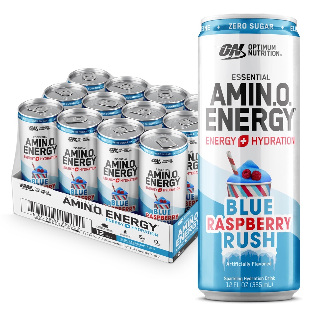 Optimum Nutrition Amino Energy Sparkling Hydration Drink, Elektroliti, Kofein, Aminokisline, BCAA, Sladkor brez sladkorja, New Blue Raspberry Rush, 12 Fl Oz, 12 Pack (Packaging May Vary)