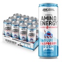 Optimum Nutrition Amino Energy Sparkling Hydration Drink, Elektroliti, Kofein, Aminokisline, BCAA, Sladkor brez sladkorja, New Blue Raspberry Rush, 12 Fl Oz, 12 Pack (Packaging May Vary)
