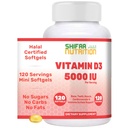 SHIFAA NUTRITION Halal Vitamin D, Halal Vitamin D3, 5000 IU Softgels, 120 Servings. Brez glutena, podpora: struktura, kosti, zobje, srce, mišice in imunske funkcije