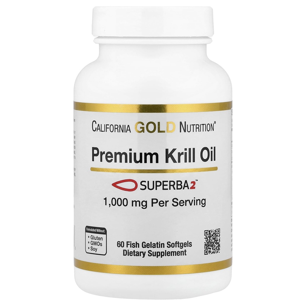 California Gold Nutrition Premium Krill Oil z Superba2 Biorazpoložljivo Omega-3 iz Antarktika Krill - Heart & Brain Health Support - Gluten Free, Non-GMO - 1000 mg - 60 Fish Gelatin Softgels