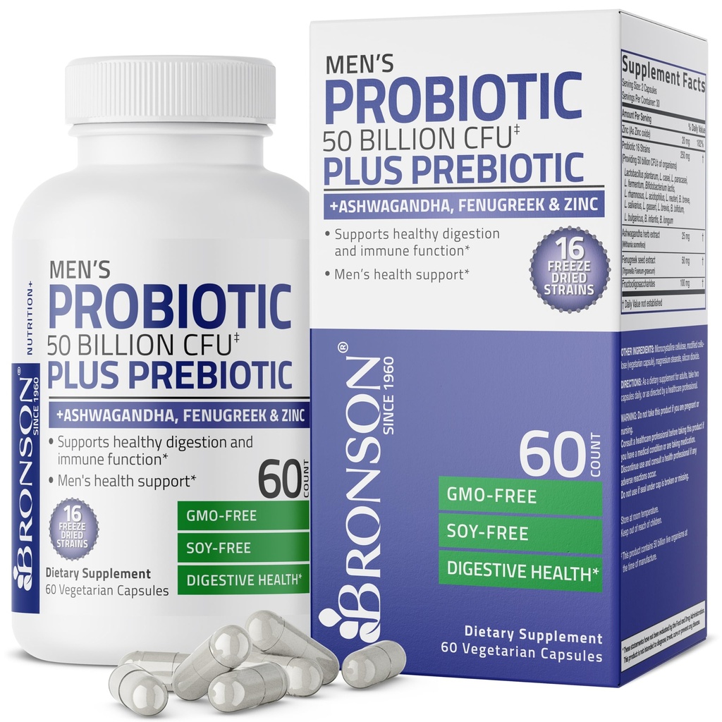 Bronson moški probiotik 50 milijard CFU Plus prebiotik z Ashwagandha, Fenugreek & cink, podpira zdravo prebavljanje in imunske funkcije ne-GMO, 60 vegetarijanske kapsule