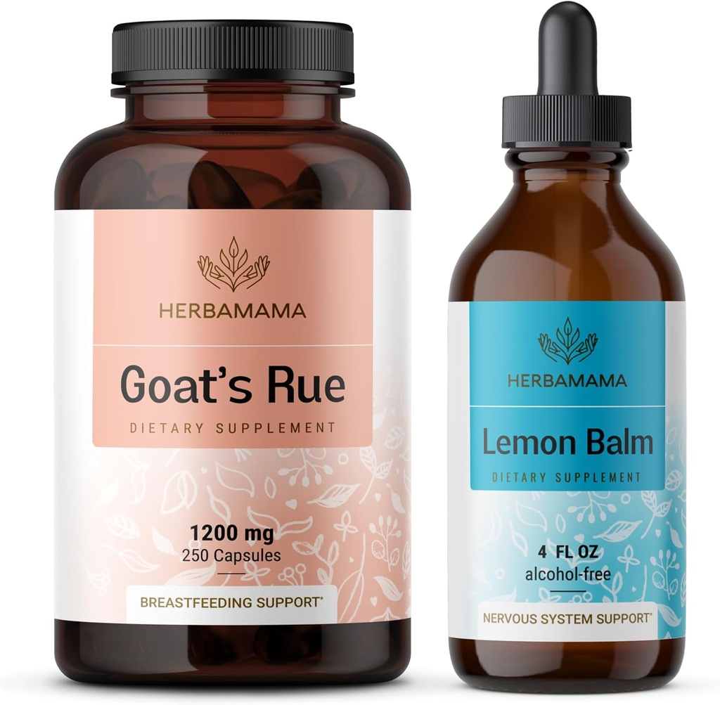 Rue in komplet za balzam za kozo HERBAMA - paket 1200 mg Kapsule za kozo in limonino balzam Tekoče kapljice 4 fl - Vegan, ne-GMO, sladkor in alkohol - 2 pakiranji