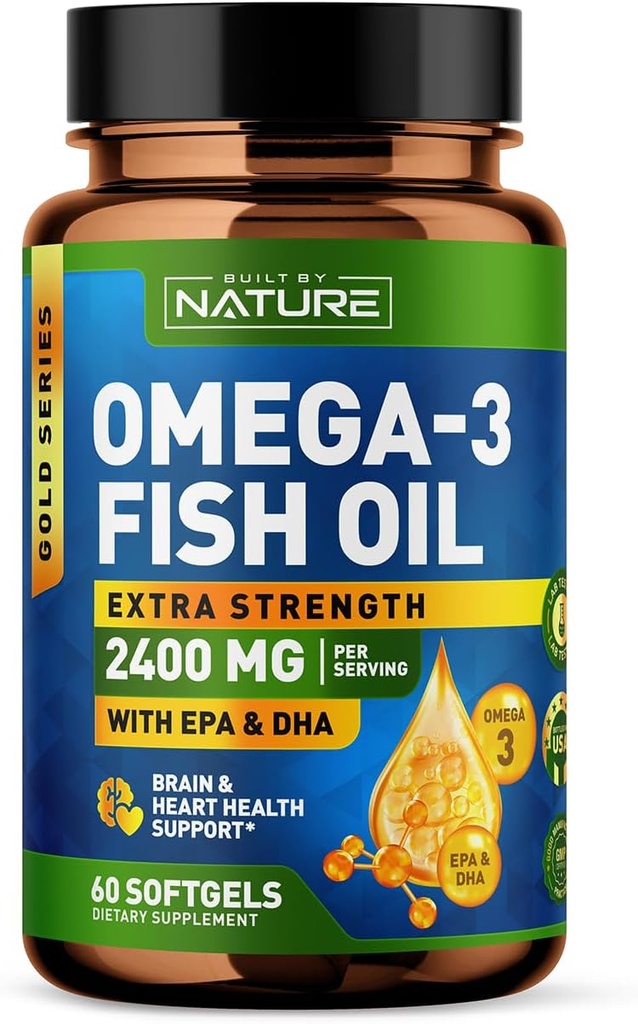 Zgradila narava Omega 3 Ribje olje Mehki geli - 2400 mg ribje olje, 1440 mg Omega 3, 864 mg EPA, 576 mg DHA - Dodatna moč Brain & Heart Health Supplement - 60 Softgels