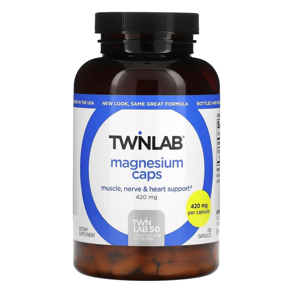 Twinlab Magnezijeve kapice - visoka absorpcija Magnezijev dodatek v podporo Leg Cramps Relief - Magnezije Kapsule za stres, 420 mg, 200 Število, 1 pakiranje