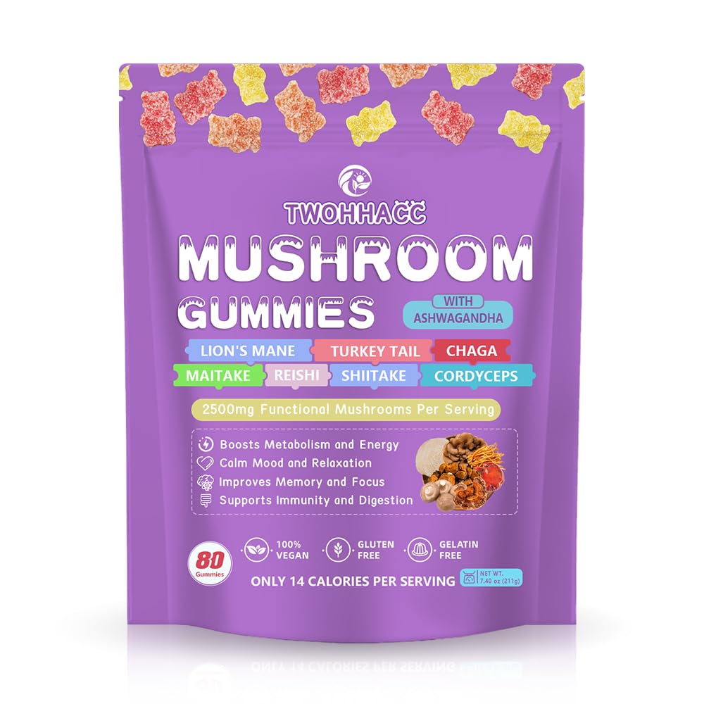 Mushroom Supplement Gummies with Ashwagandha and Lions Mane, Maitake, Turkey Tail, Reishi, Chaga, Shiitake, Cordyceps Nootropic Brain Supplement for Focus, Memory, Immune, Support and Stress Relief