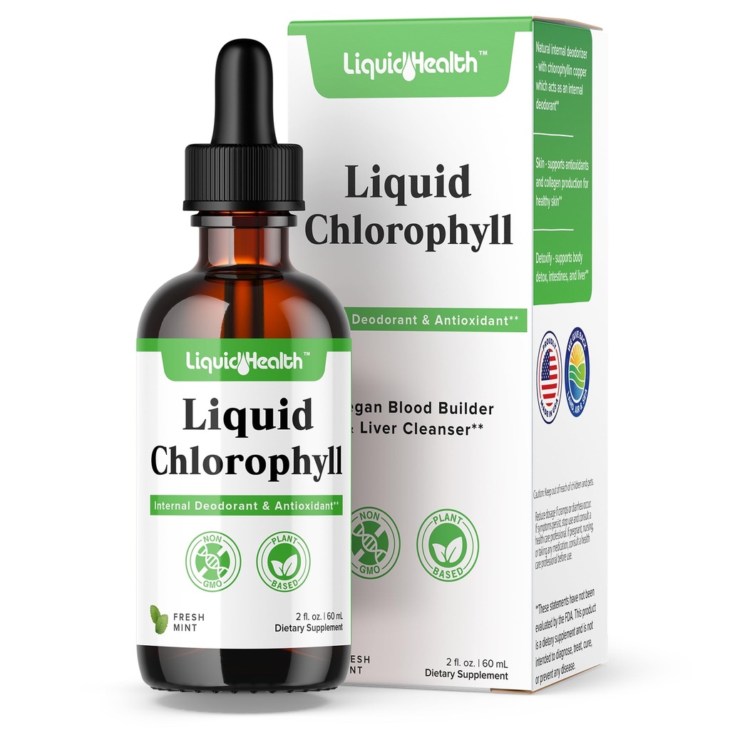 LIQUIDHEALTH Tekoči klorofil kapljice - notranji deodorazizer, detoks jeter, imunske podpore, spodbujanje kolagen za lase in kožo, ustaviti slab dih, zmanjšanje apetita - Izdelano v ZDA, Vegan, Non-GMO (2 oz)