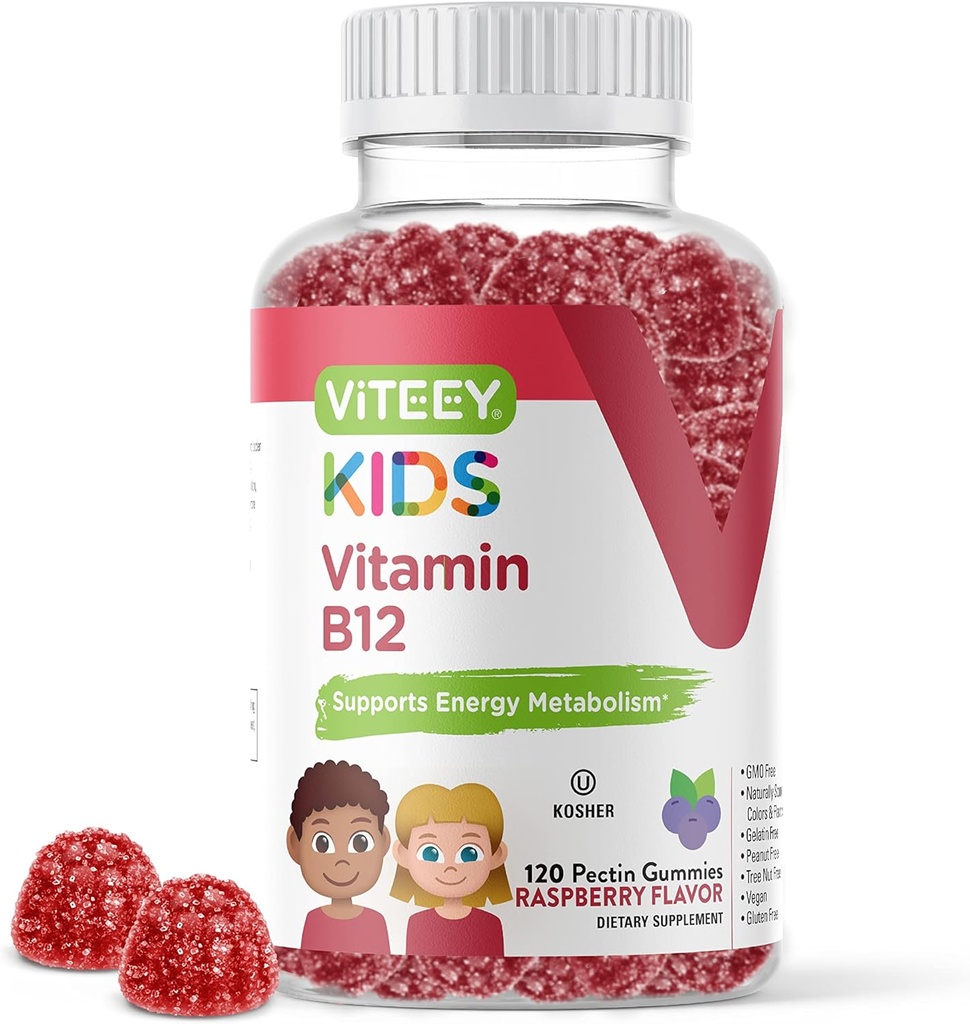 Viteey Vitamin B12 za otroke Gummies, 1000mcg - Presnova, Natural Energy Support - Vegan, Želatina brezplačno, Gluten brezplačno, GSO brezplačno - Okusno Žvečljiva B12 Malina Okusno Gummy