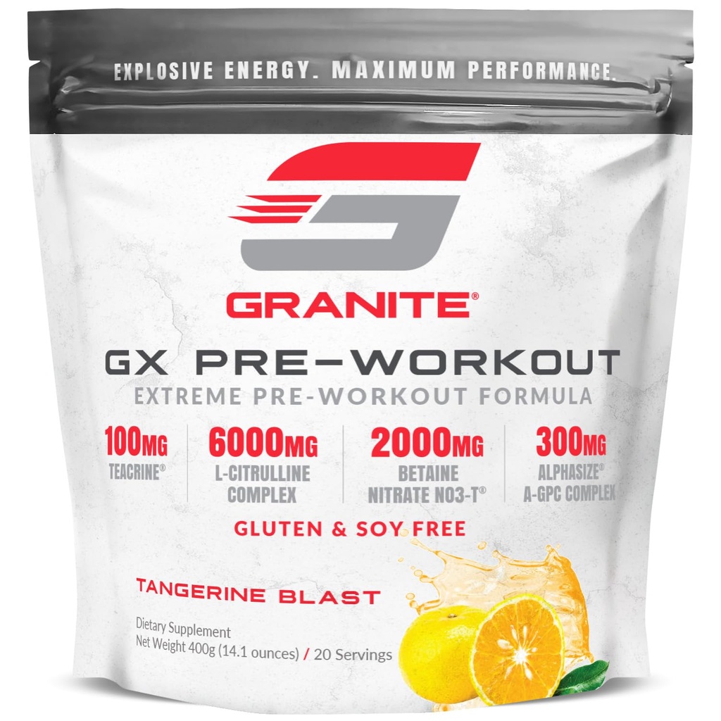 Granit GX Pre Workout dodatek, Tangerine Blast Flavor, podpira fokus, energijo, in zmogljivost s Teacrine, L-Citrulin, Betaine, & A-GPC (20 Serving)