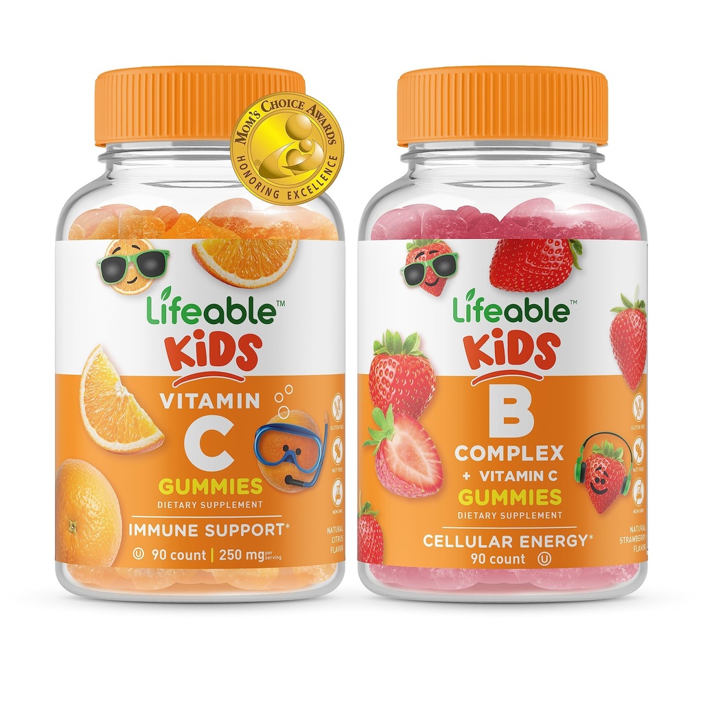 Življenjski vitamin C Otroci + B kompleksni otroci, Gummies Bundle - odličen okus, Vitamin dodatek, Gluten brezplačno, GSO brezplačno, Žvečljivi gumi