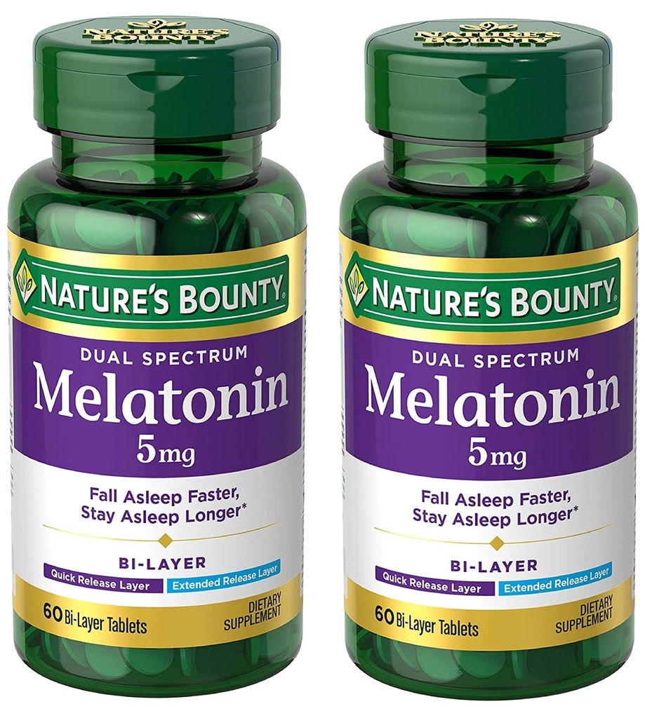 Bounty Melatonin 5mg Dual Spectrum, 100% brez drog doplačilo za spanje, hitro sproščanje in razširjena sprostitev, spodbuja sprostitev in spanje zdravje, 60 Bi-Layer tablete (Pack z 2)