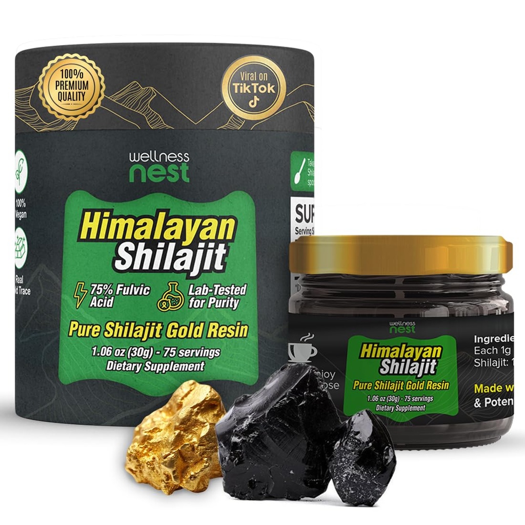Wellness Nest Gold Grade Pure Himalaaan Shilajit Resin: Ultimate Potence za moške in ženske - 24k Gold, 75%+ Fulvic Acid, Lab Test Report vključuje - 30g (1 paket), 75 Servings