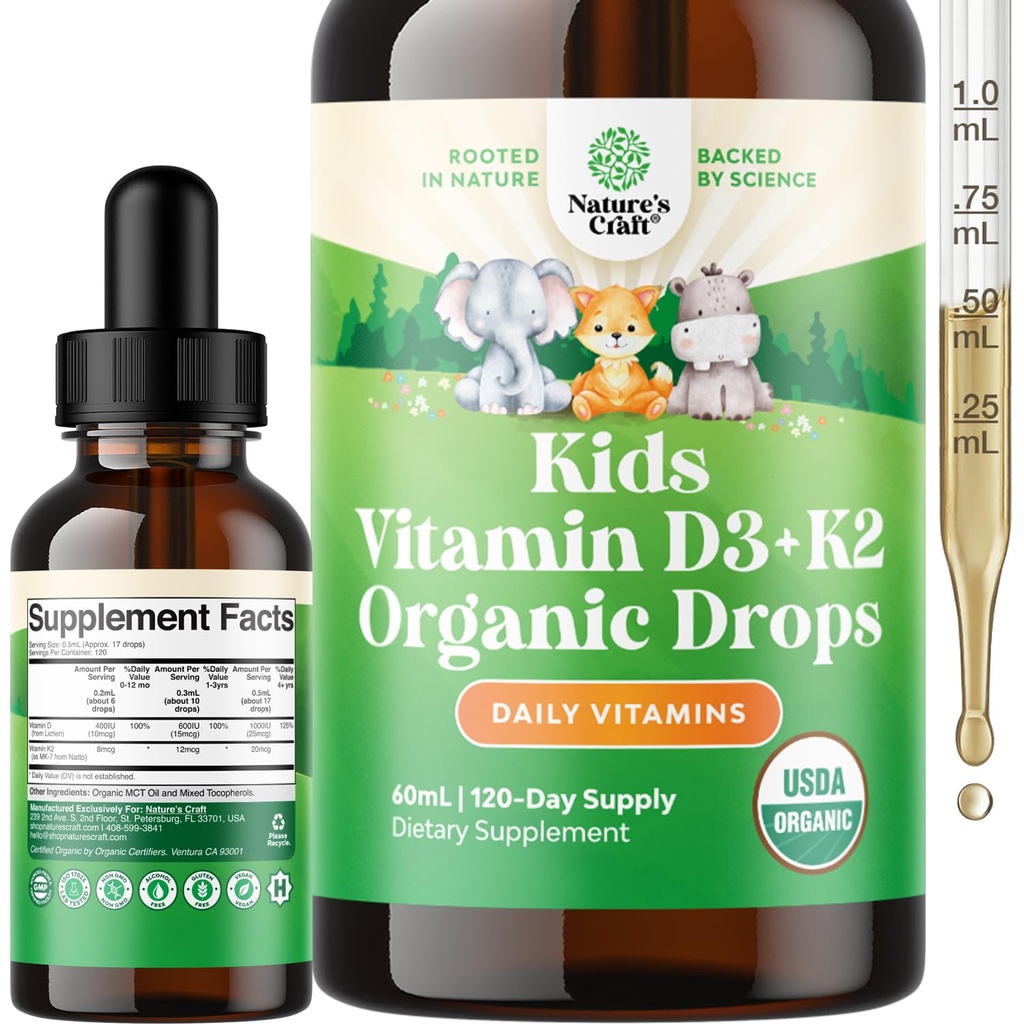 Nature Craft Kids Vitamin D3 K2 Kapljice - Organski vitamin D za otroke za močne kosti in sklepov - Dojenčki, Dojenčki & Toddler Imunska podpora Kapljice Tekoči dodatek - 60 ml steklenica