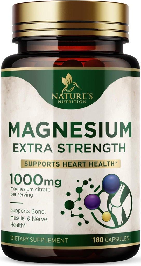 Magnezij Mineral Supplement 1000 mg - Visoka moč Magnezijev citrat za kosti, zdravje srca, živci in mišice podpora, Narava Magnezij kompleks za celotno telo podporo, ustekleničen v ZDA - 180 kapsul