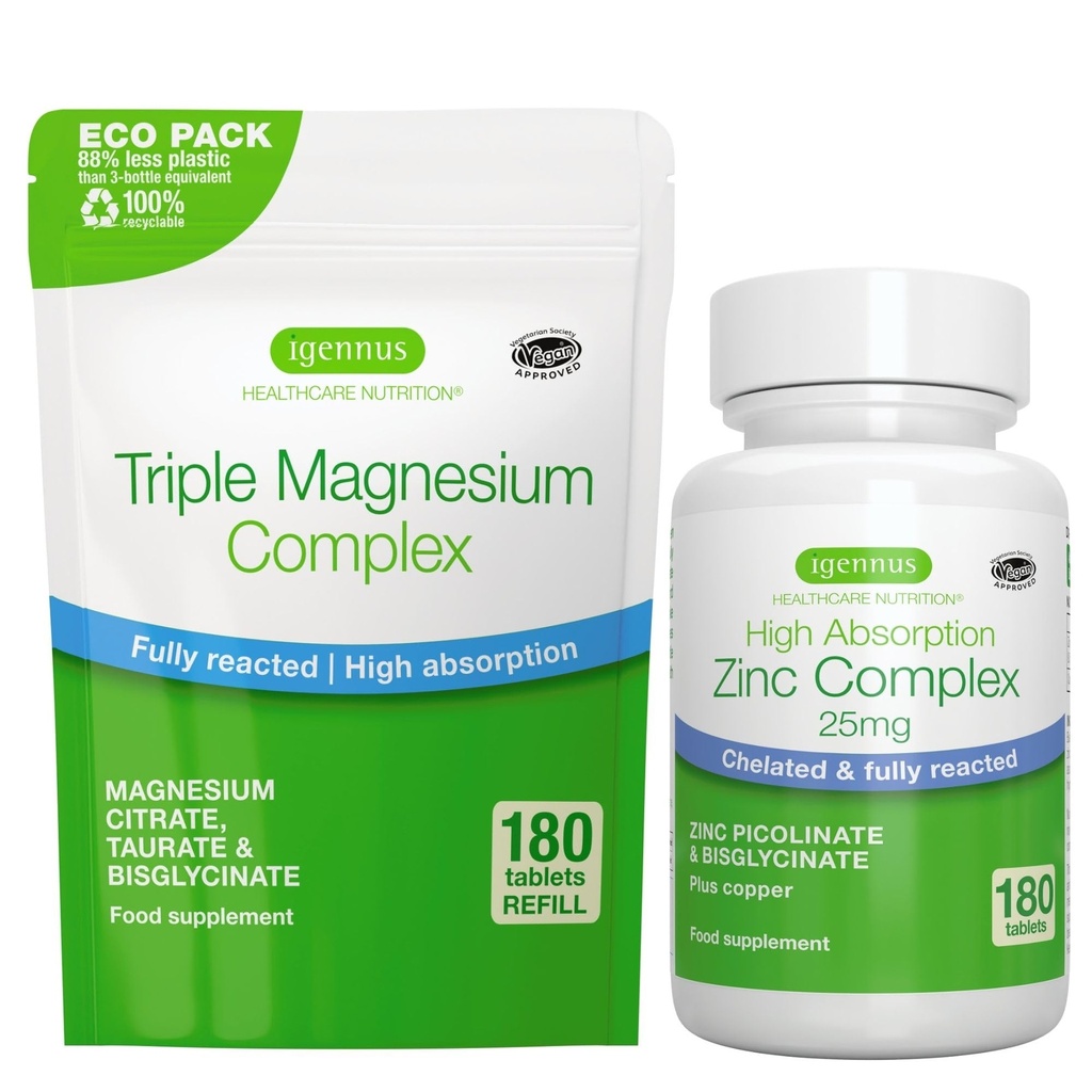 Triple Magnezij Complex 180 Tablete + Cinkov kompleks Vegan paket, visoka absorpcija kelirani magnezij + 25mg kelirani cinkov pikolinat & biglicinat z bakrom, Igennus