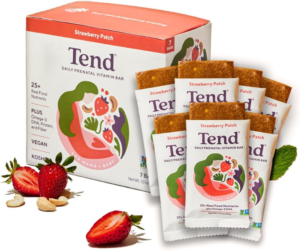Tend Daily Best Prenatal Vitamin Bar, Izdelano z organskimi sestavinami za nosečnice in matere po porodu, Vključuje DHA, Vitamin D, B, Holin, Folat, Sončnična lecitin - Jagodna Patch (7ct)